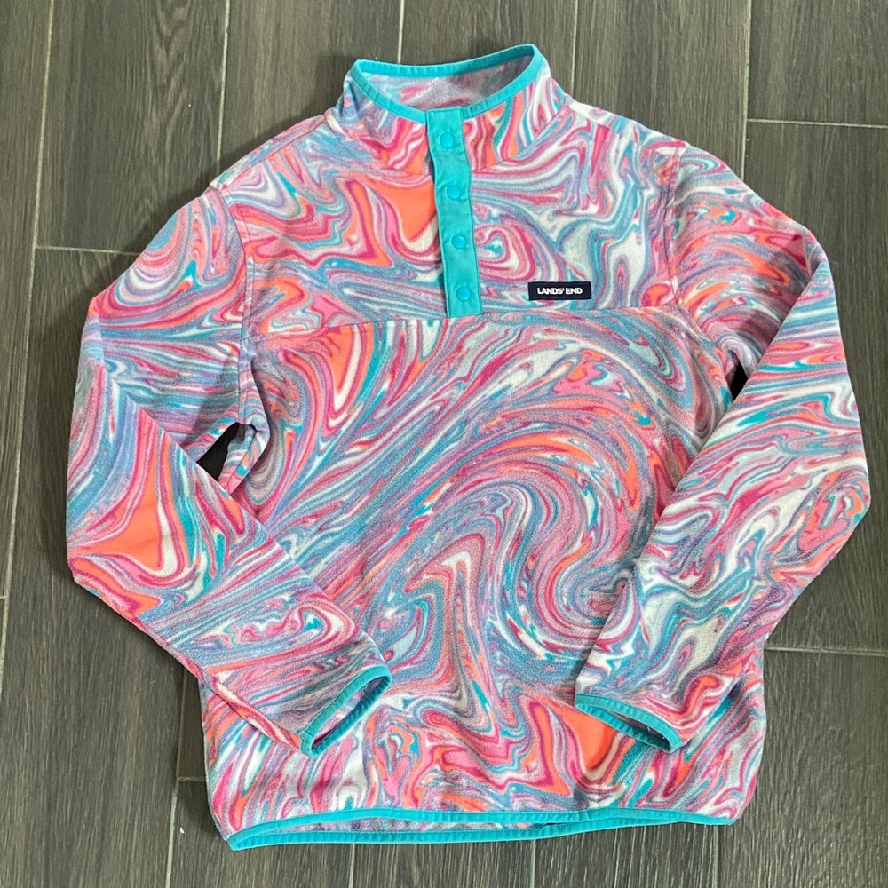 Lands' End Girl’s Turquoise & Pink Marble Snap Fleece Pullover